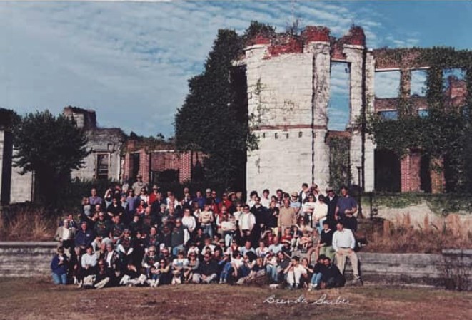 Conservancy members and Island residents gathered on the front steps of the Dungeness ruins
