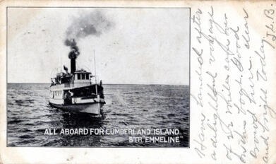 Postcard of a steamboat with a handwritten note in the margin