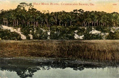 Postcard of a wooded bluff above a marsh