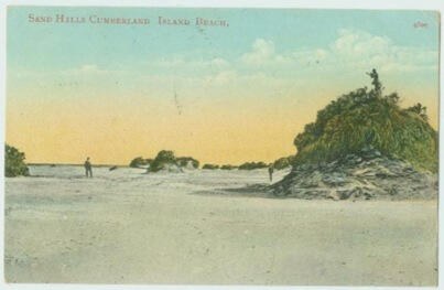 Postcard of sand dunes on the beach with a few people